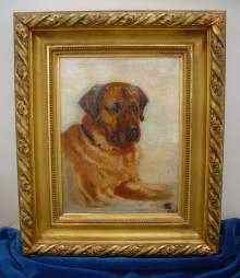 Antikes Gemälde, feines Hundeportrait, ein treuer Labrador, um 1912. Beautiful antique painting, a faithful dog, dated 1912. 