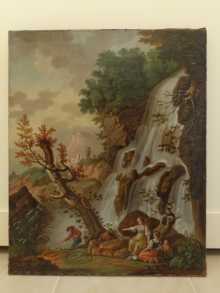 Antikes Gemälde, Landschaft mit Wasserfall & Personen, um 1780.