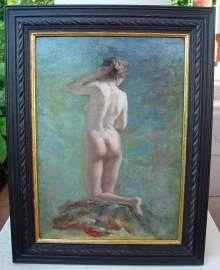 Traumhaft schönes Ölgemälde, feiner Rückenakt um 1900. Beautiful antique woman nude back oil painting. Oil on cardboard, made about 1900.