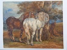 Grosses, antikes Aquarell, Verliebte Pferde, von Emile de PAVANT (1810-1898). Precious antique watercolour painting, Horses in love, Emile de PAVANT 1810-1898.
