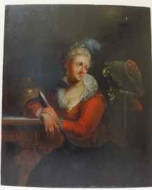 Antikes Gemälde, Portrait einer Dame mit Perlohrringen und Papagei, 18. Jahrhundert.