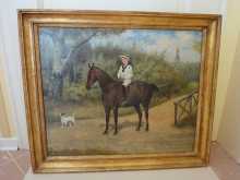 Antikes Gemälde, Portrait eines Jungen auf seinem Pferd mit Hund im Park, um 1915.