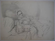 Antike Zeichnung, Portrait einer jungen, hübschen Mutter mit ihren beiden Babys. Antique drawing, a beautiful portrait of a young mother with her two little children.